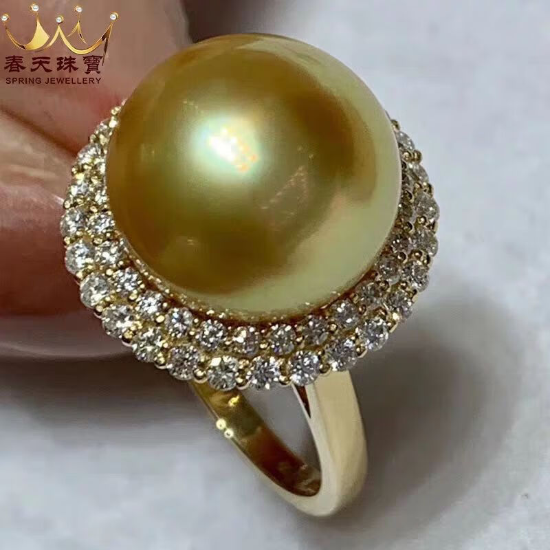 网红款浓金色珍珠足银戒指女南洋金珠戒指天然海水指环 几乎无暇 款式