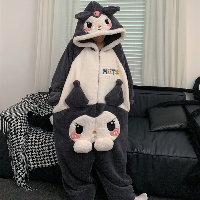 萧淑妃卡通连体法兰绒男女士睡衣冬季加绒加厚保暖连帽情侣珊瑚绒家居服 库洛米 男生3XL码