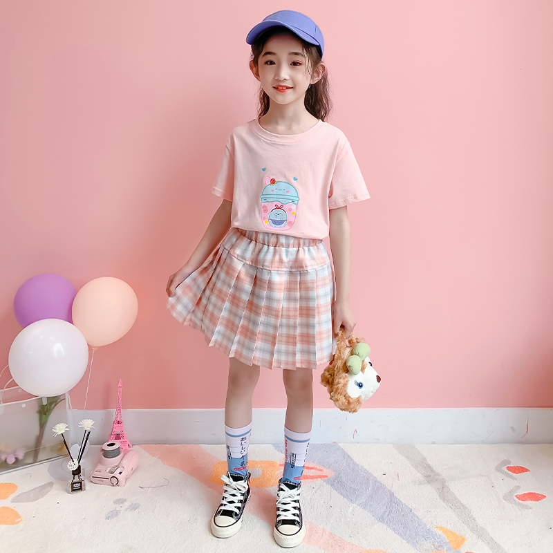 学院风格子裙童装2021夏款jk小女孩t恤 半身百褶裙两件套 可爱多(粉)