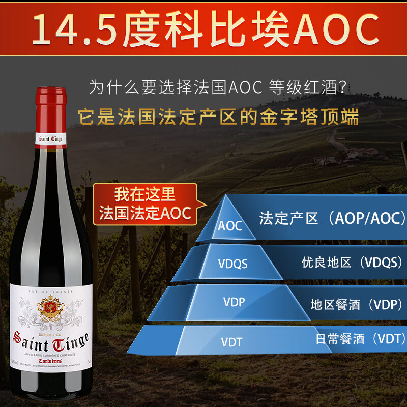 圣汀格法国原瓶进口红酒伯爵AOC级14.5度葡萄酒一箱整箱干红葡萄酒礼盒 整箱6支配礼袋和开瓶器