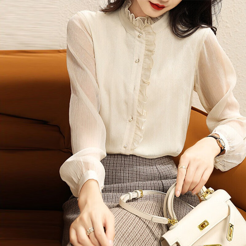 言蔻木耳边立领雪纺白衬衫女长袖春装2022年显瘦洋气别致小衫气质休闲职业衬衣YK-PXw26S7C0187 米白色M