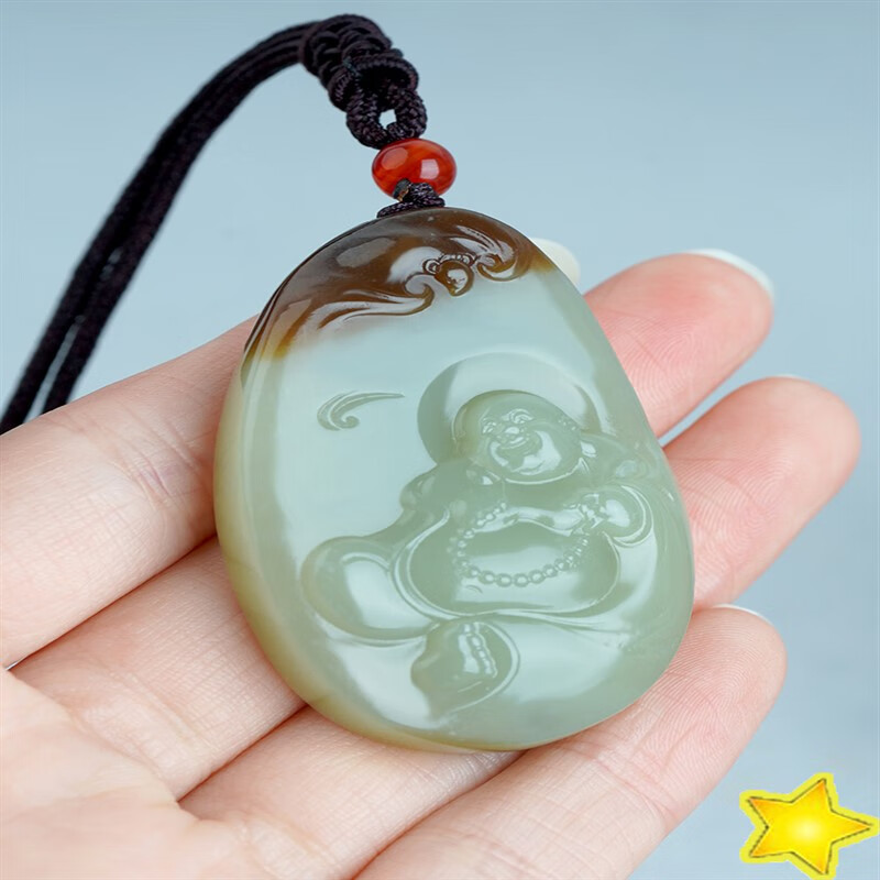 snqp一物一图 和田玉飘糖弥笑佛公项链佛玉佛吊坠玉佩玉牌子福在眼前