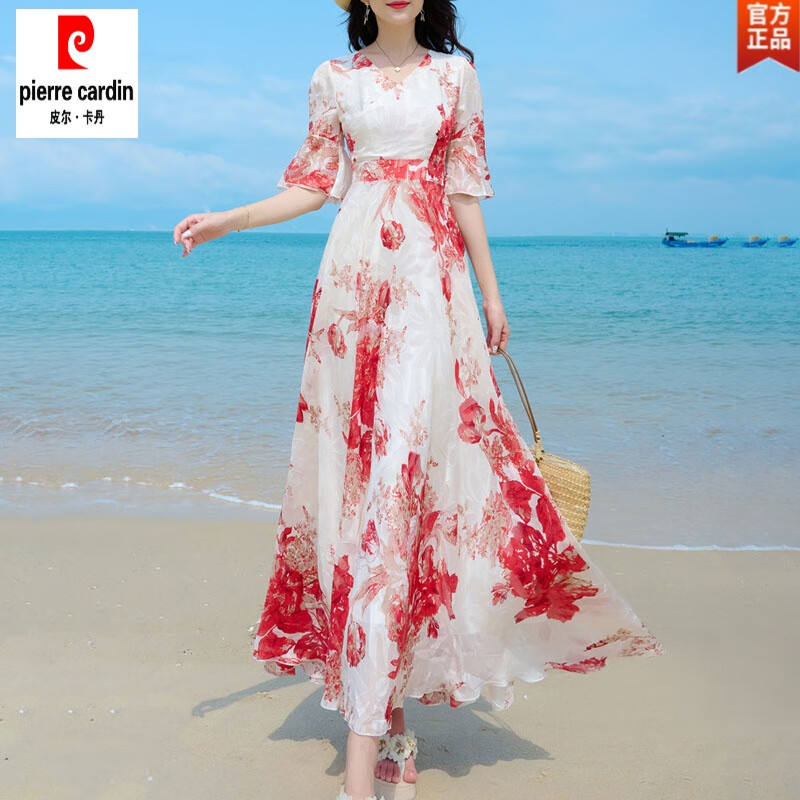 皮爾卡丹（pierre cardin）氣質(zhì)真絲碎花連衣裙女2024夏新款時尚修身顯瘦沙灘裙 白底紅花 3XL 130-140斤