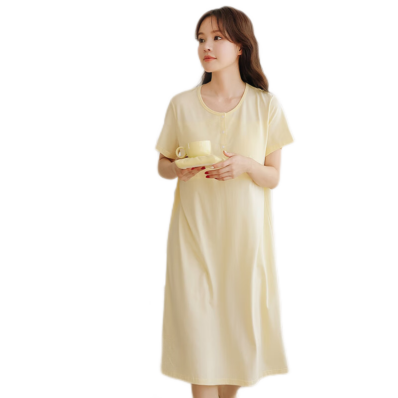 米度麗 孕婦待產(chǎn)睡裙夏季短袖睡衣開(kāi)扣帶胸墊月子服喂奶連衣裙 淡黃 XL