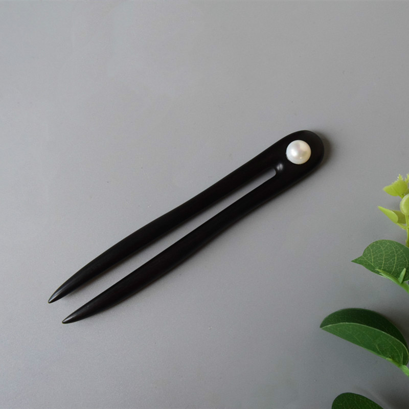 黑檀木珍珠u型短发簪钗日常简约现代盘发木簪子丸子头挽发 白色