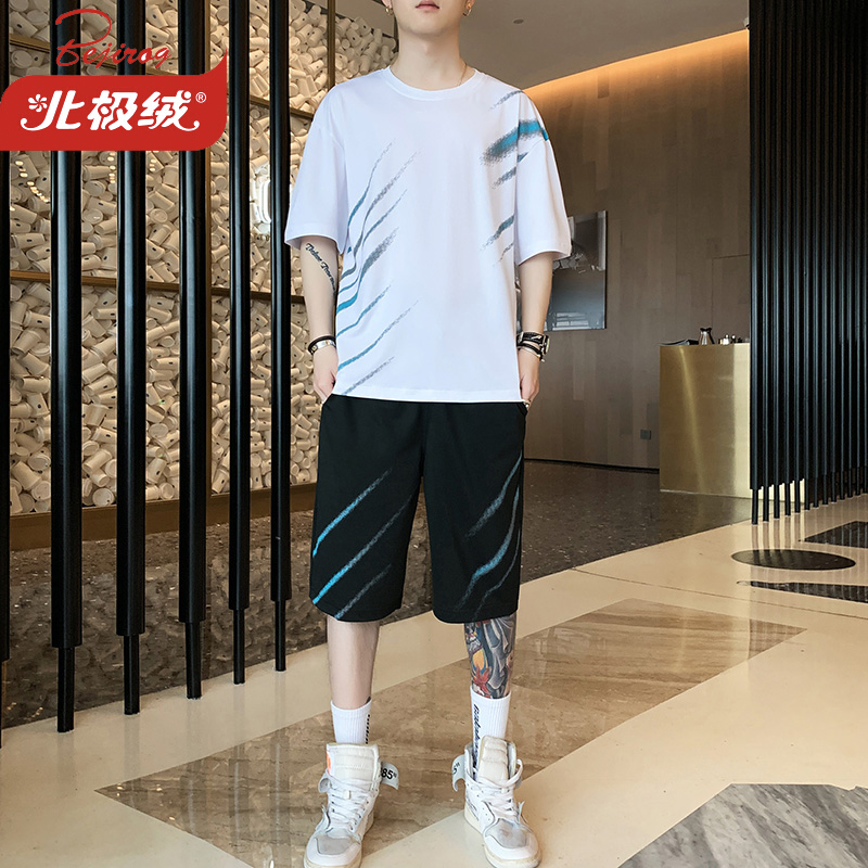 北极绒（Bejirong）短袖套装男2021男士夏季运动休闲宽松中裤韩版短袖t恤男套装 MTR-2101 白色 XL