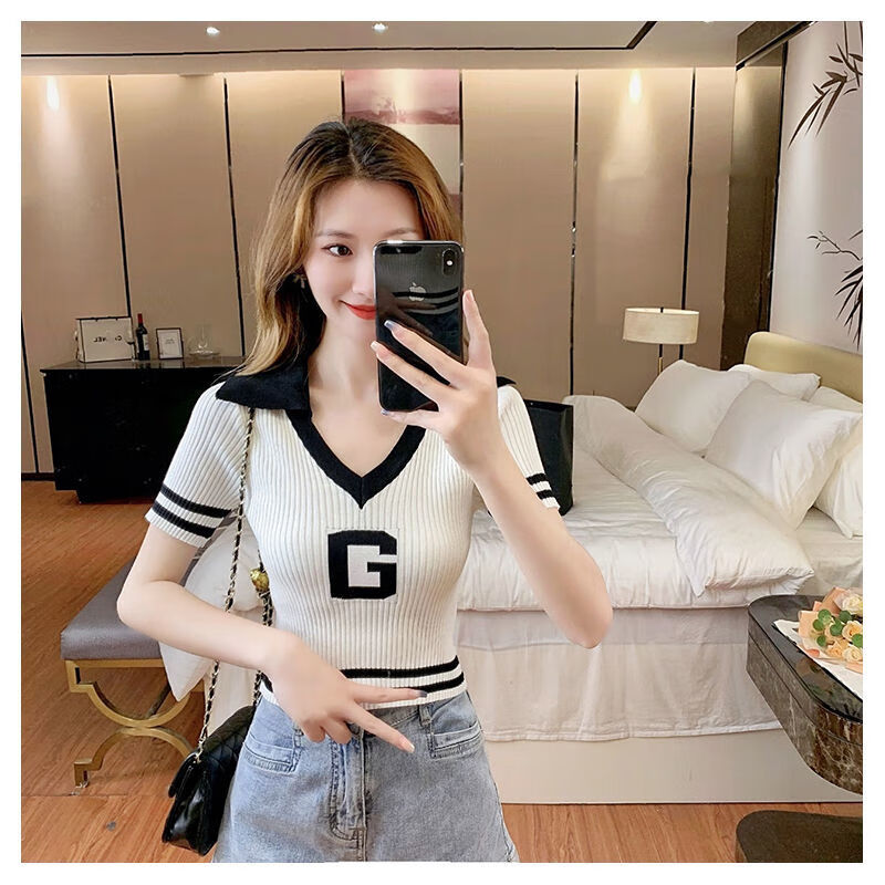 wait awaitv领套头中袖针织衫女短款修身t恤衫复古polo衫v领正肩短1袖