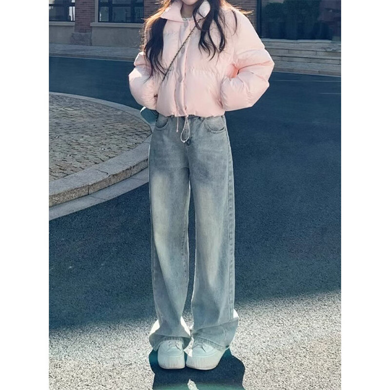 雷黛茜秋冬美式复古浅蓝色阔腿牛仔裤女2024年新款高腰宽松直筒拖地长裤 浅蓝色版 S