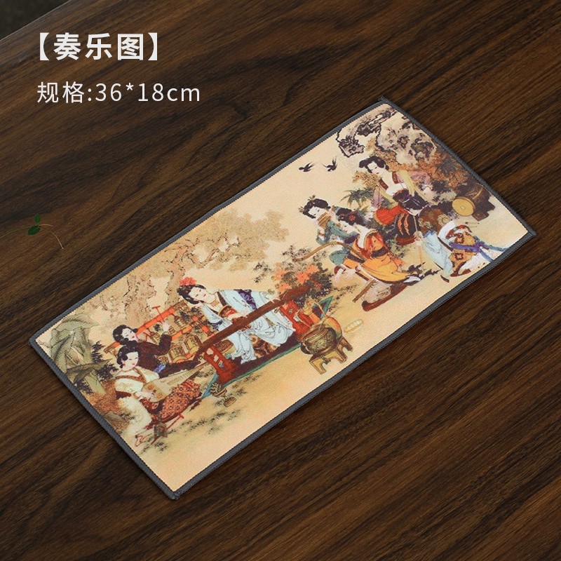 谊鑫  加厚毛绒吸水茶巾彩绘禅意毛巾茶布专用茶桌布养壶抹布 奏乐图