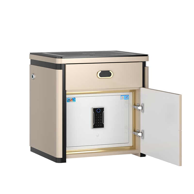 虎牌保险柜轻奢床头柜高级家用无线充带灯蓝牙音响免安装床头柜 奶咖色【蓝牙音箱+无线充电+感应灯】 指纹保险柜+密码+钥匙+远程