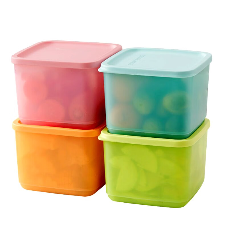特百惠（Tupperware）冷藏保鲜盒1升彩色4件套冰箱收纳保鲜盒 干货零食果蔬冷藏盒方盒 1升冷藏方盒彩色四件套
