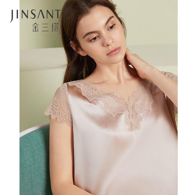 金三塔重磅真丝睡衣女100%桑蚕丝优雅减龄真丝睡裙丝绸家居服情人节礼物 香妃色2706 M