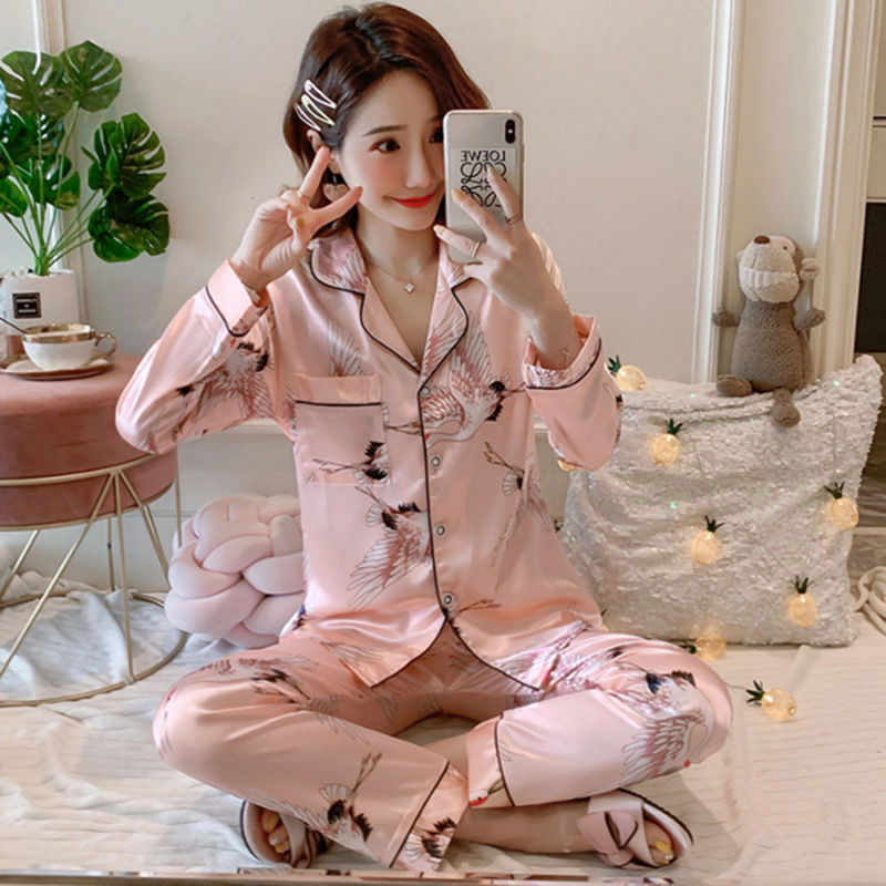 睡衣套装女】2021秋季新款新款冰丝睡衣女开衫长袖套丝绸女士家居服套