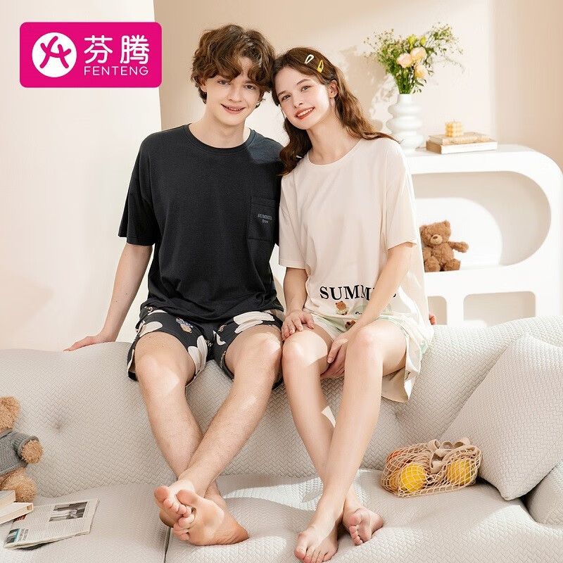 芬腾 情侣纯棉睡衣女2023年夏季新款休闲时尚透气家居服男士睡衣套装 碳灰（男） L使用感如何?