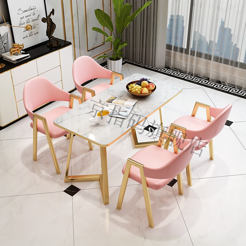 班奇盾 洽谈桌椅组合网红ins大理石餐桌现代简约轻奢4人咖啡厅奶茶店谈判洽谈桌椅组合 粉红色 1.4米X0.8米/皮椅