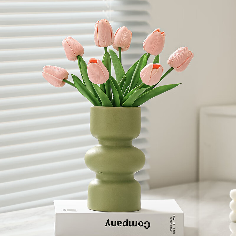 插花奶油风客厅餐桌假花仿真花餐边柜摆件 花语瓶(奶油绿) 8支郁金香