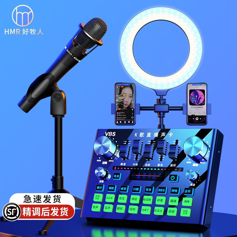好牧人 V8S声卡套装手机直播专业录歌设备全套全民专用唱歌吧k歌神器话筒主播快手抖音电脑电容麦克风 【升级灯效版】黑色声卡+手持话筒+桌面补光灯