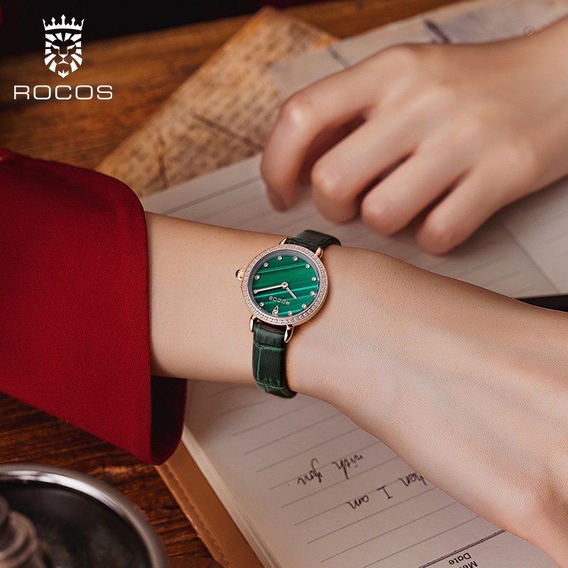 rocos品牌小众轻奢女士手表超薄复古小绿表防水皮带女生腕表礼物送