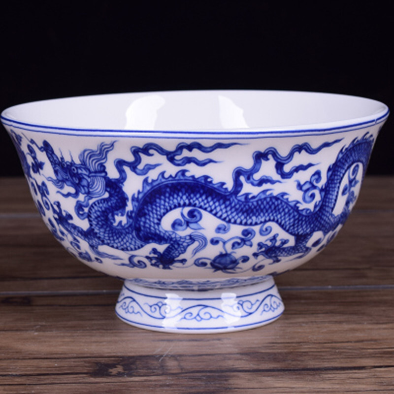 瑾睿茗瓷景德镇家用中式青花瓷高脚吃饭碗防烫怀旧仿古龙凤陶瓷碗