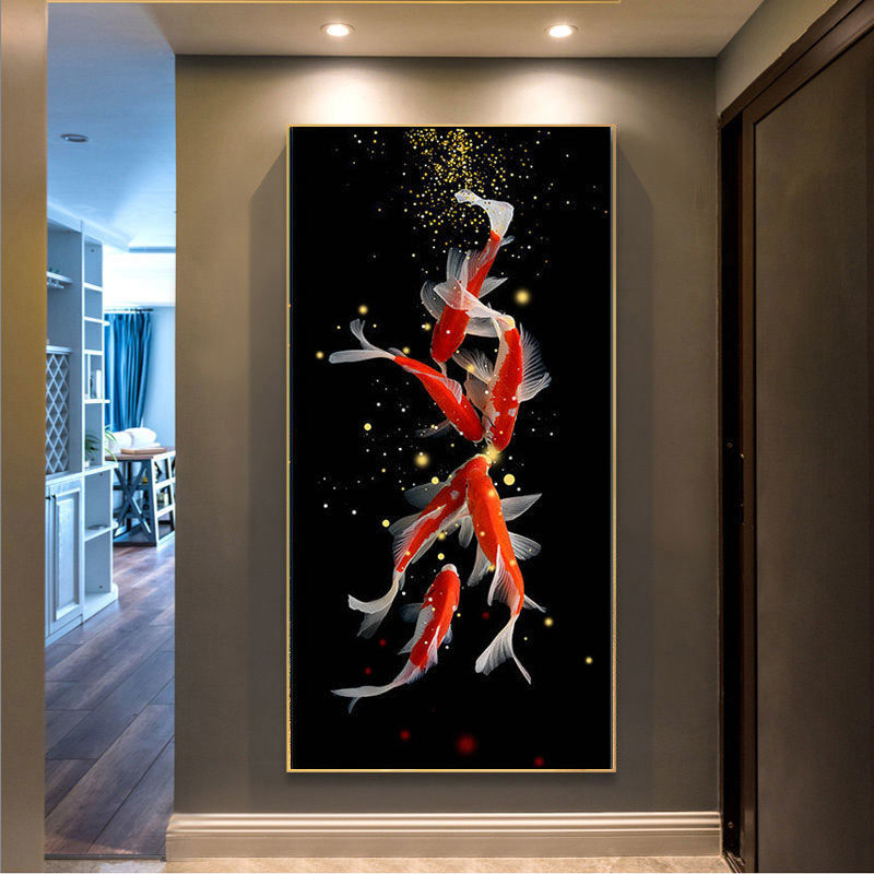 床畔九鱼图风水墙画竖版新中式玄关装饰画走廊过道挂画背景墙壁画 九