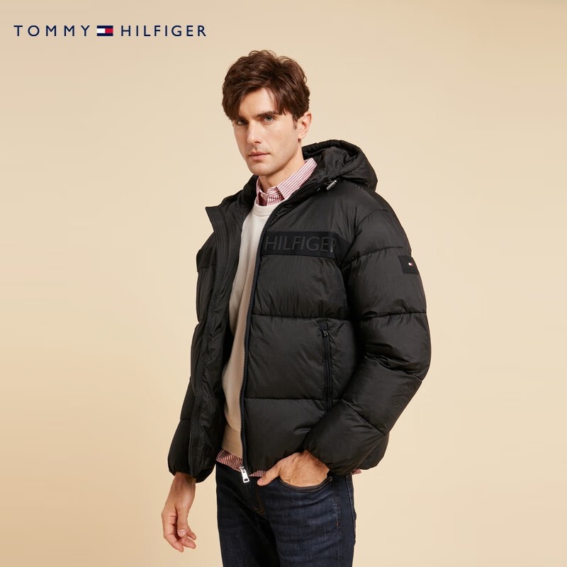 Tommy Hilfiger【面包棉服】秋冬男休闲通勤浮雕字母合身保暖连帽夹克外套 经典黑BDS M （推荐：135-150斤）