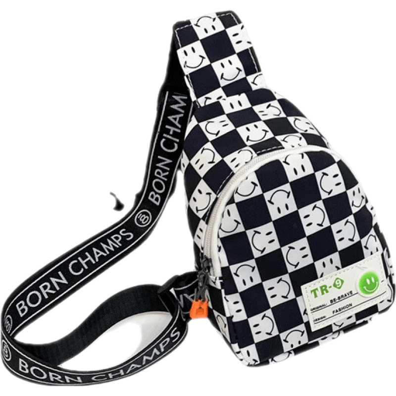 小侯爺兒童斜挎包兒童包包潮酷男童百搭格子胸包洋氣寶寶小男孩外出零錢(qián) 黑色