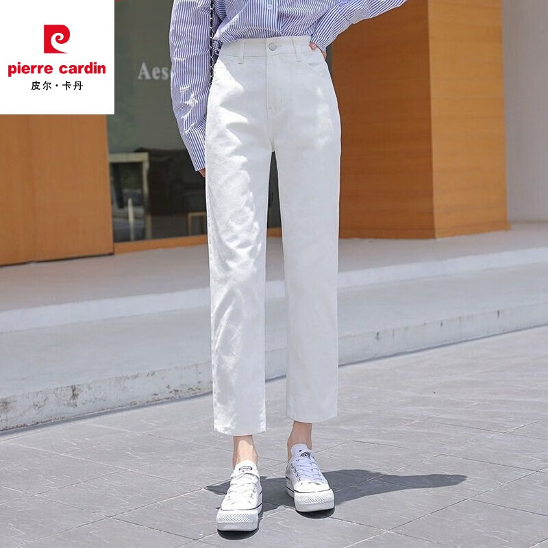 皮尔卡丹(pierre cardin)牛仔裤女装春夏秋季新款韩版高腰韩版显瘦宽松百搭九分直筒烟管裤 白色 XL 【117-128斤】 京东折扣/优惠券