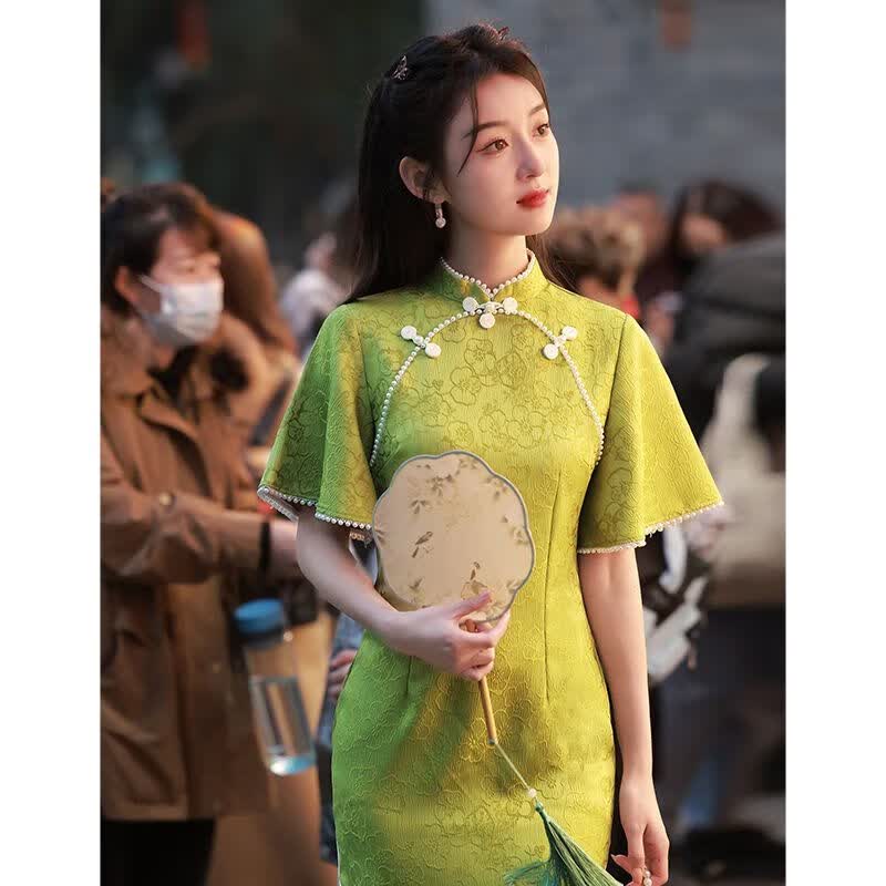 浪莎(LangSha)改良旗袍2023年夏季新款年轻款少女复古民国中国风气质优雅连衣裙 绿色 提花 复合单层 XL怎么样,好用不?