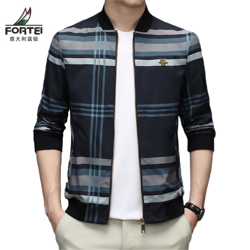 富铤 fortei夹克男外套上衣男士春秋季新款格子棒球服立领免烫商务中