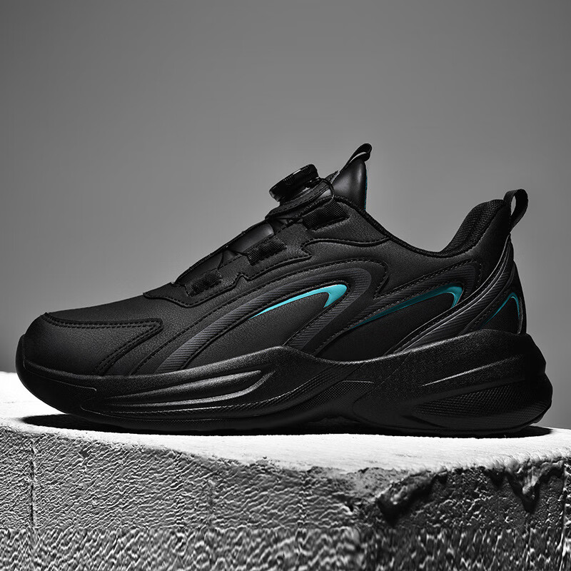 春秋季新款防水皮面运动鞋男旋转纽扣免系鞋带防滑大码青少年 青绿 36