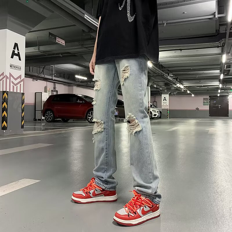 vibe高街破洞牛仔裤男2024春季新款痞帅vintage百搭直筒裤子 图上色 s