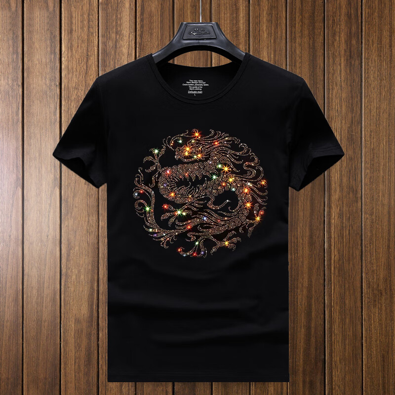 觅佰精神小伙t恤带钻 国潮中国龙烫钻男青年大码半袖潮牌圆领体恤
