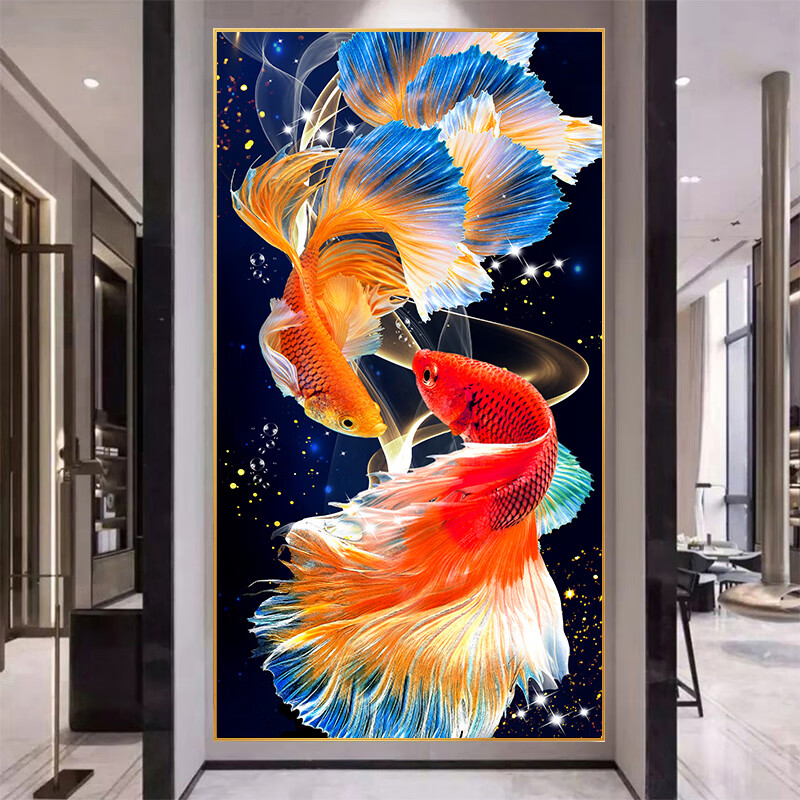 招财双锦鲤十字绣2024线绣客厅玄关手工刺绣竖版九鱼简约现代 [棉线