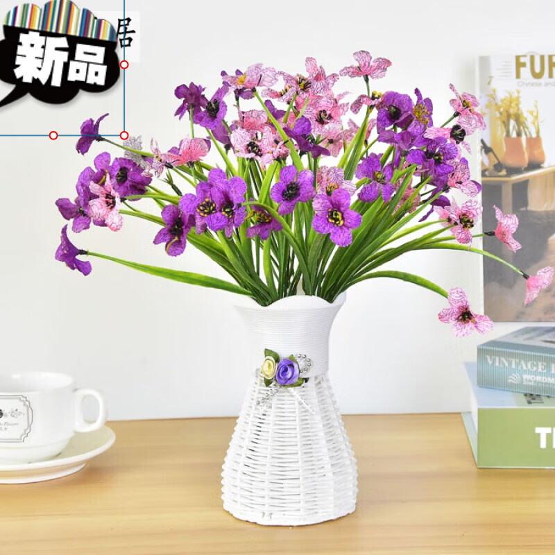 花娟花冰箱上的茶几摆件塑胶花装饰仿真花束 蓝色 2束粉紫虎纹兰 篮