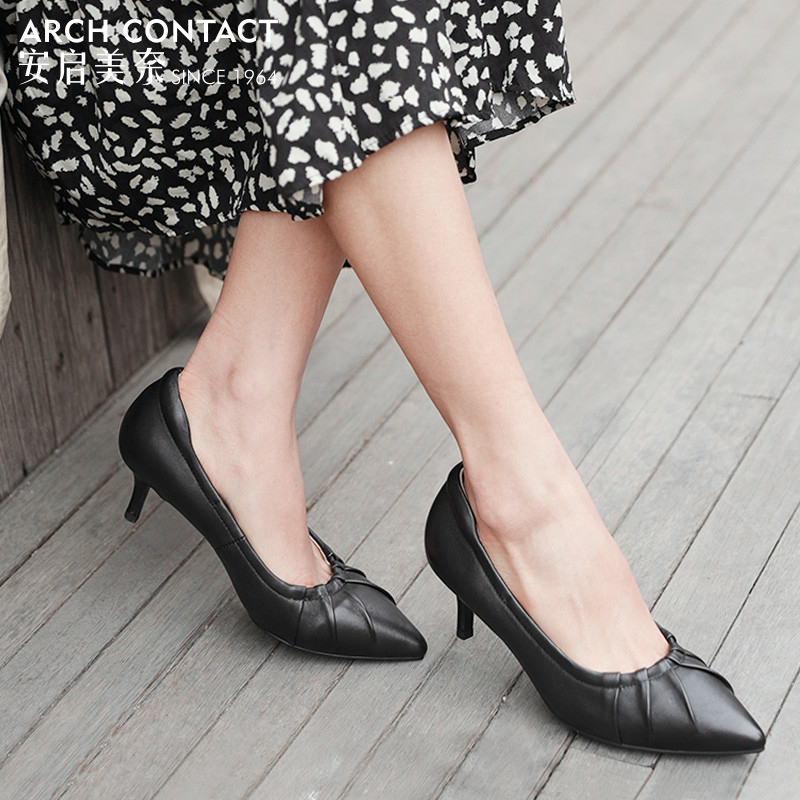 安启美奈足弓单鞋女2022春季新款舒适通勤时尚尖头真羊皮高跟鞋子