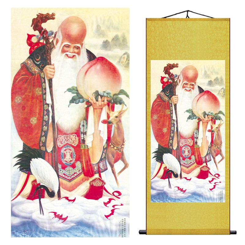 绿野客【】南极仙翁画像丝绸卷轴挂画供奉神像寿星图送长辈贺寿书法