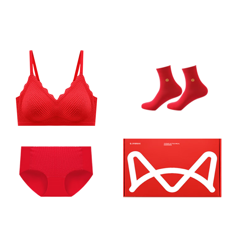 猫人（MiiOW）本命年内衣套装女红色内衣袜子内裤女生新娘结婚鸿运三件套礼盒装