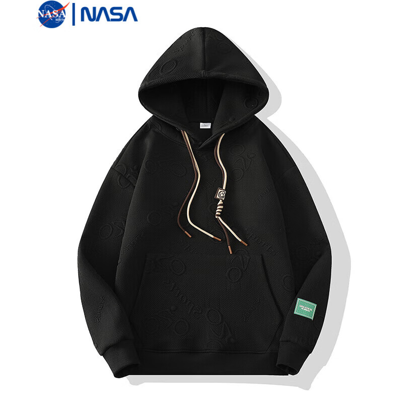 NASAMITOO连帽卫衣男2024秋季新款宽松休闲简约百搭提花上衣 黑色 XL