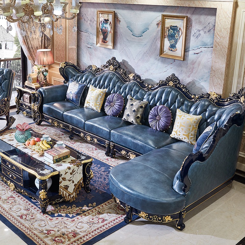 富安和欧式实木转角沙发客厅真皮组合雕花大小户型蓝色别墅家具A915-L 3+1+右贵妃位【原创梦魅蓝漆艺】 其他