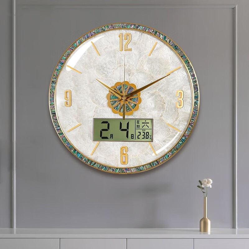 克拉苏(crassus)轻奢黄铜万年历挂钟家用新中式石英时钟客厅装饰圆形