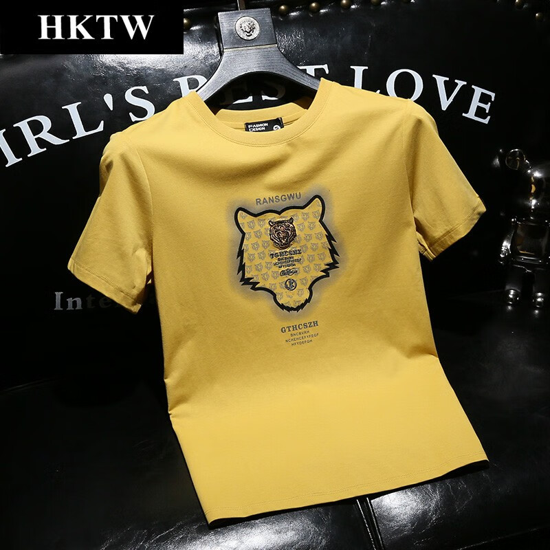 hktw轻奢刺绣短袖t恤潮流夏季时尚修身圆领男装半袖hktx8 黄色 m