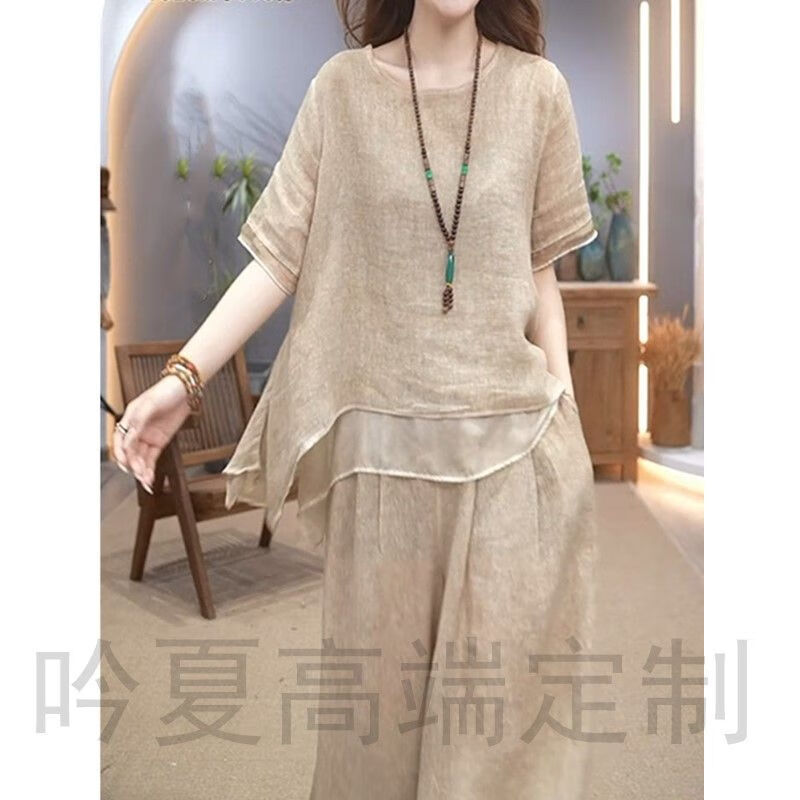 雷黛茜文藝復(fù)古棉麻套裝女2024夏季新款民族風(fēng)寬松遮肉媽媽國(guó)風(fēng)古韻女裝 套裝 2XL 126-135斤