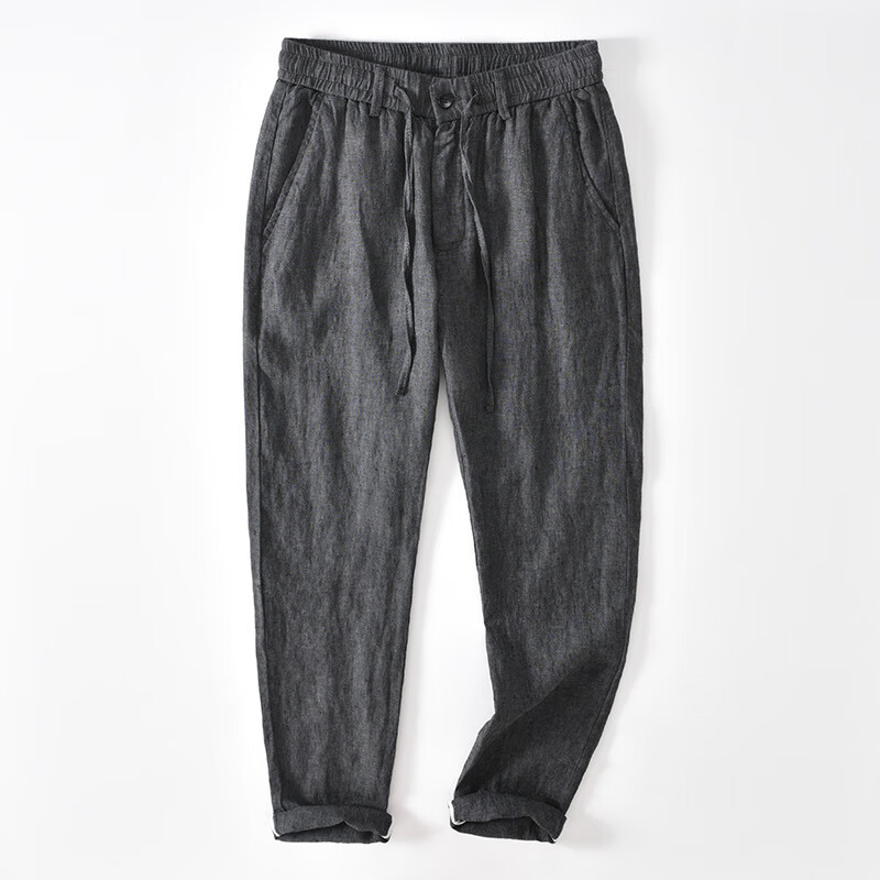 %纯亚麻夏季宽松休闲裤男士新款松紧腰薄款刺绣色织麻直筒长裤 灰色 m