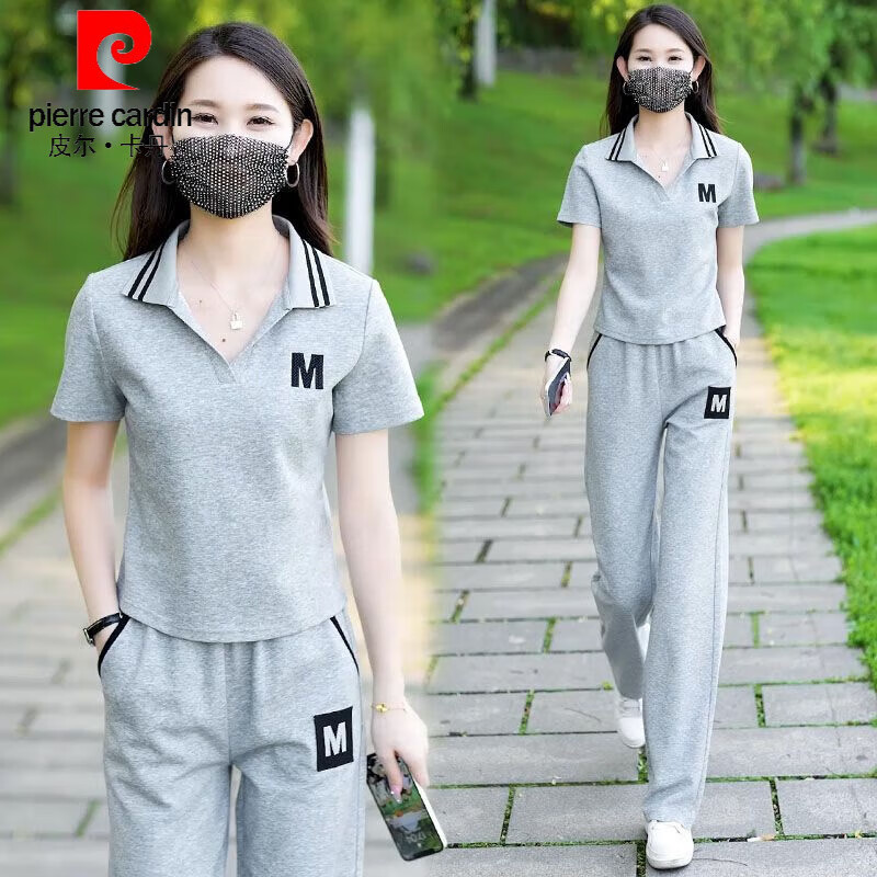 皮爾卡丹（pierre cardin）高含棉休閑運動服套裝女2024夏季新款小個子減齡短袖闊腿褲兩件套 灰色 M建議100斤內