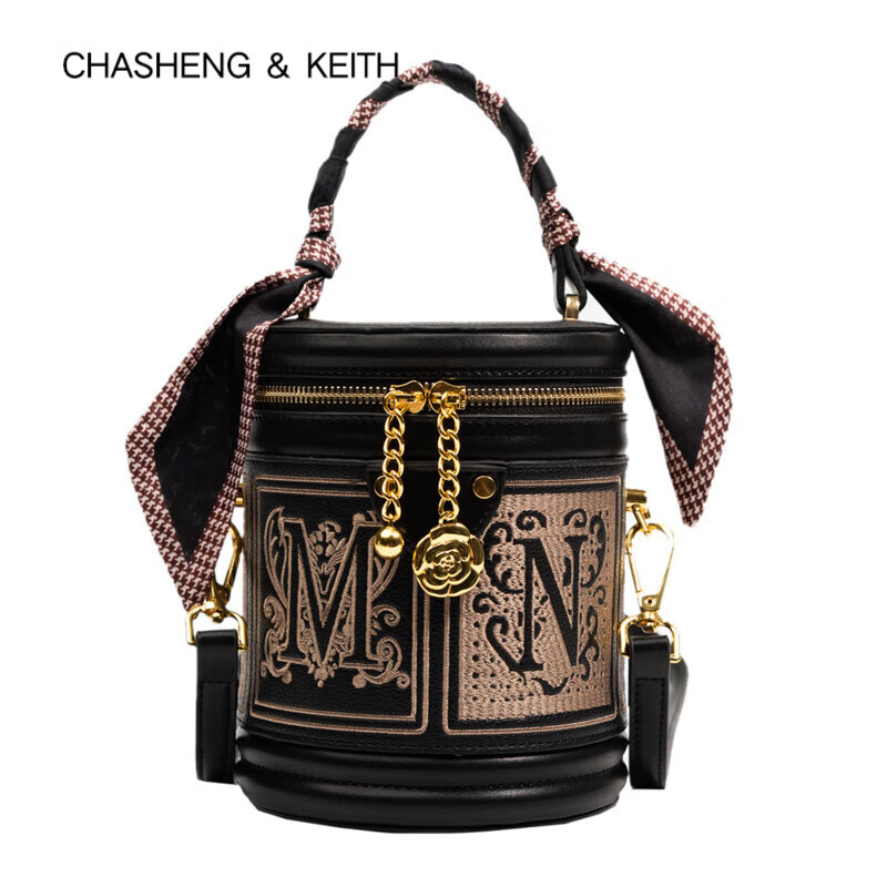 chaseng&keith新品叶沙手提水桶包包女新款潮流风刺绣圆筒包发财桶