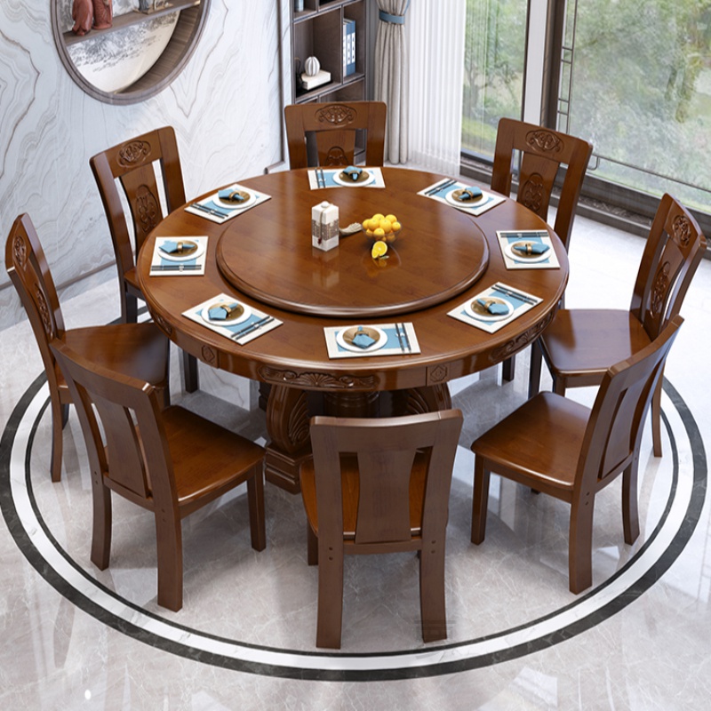 缦宛木实木圆形餐桌椅组合用8/10人吃饭桌带转盘中式雕花橡木大圆桌子