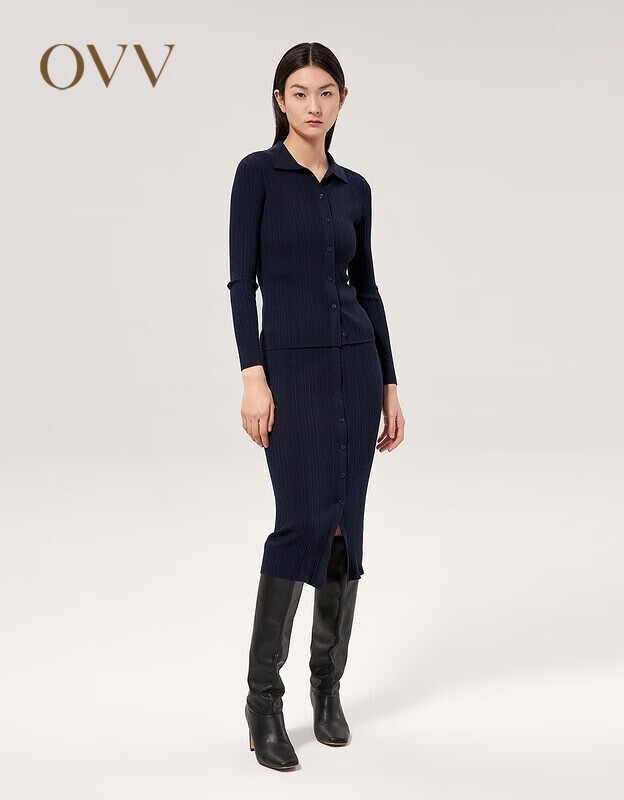 OVV【黄金羊毛】OVV秋冬松紧腰假门襟修身立体针织羊毛半裙女 藏青A4 S