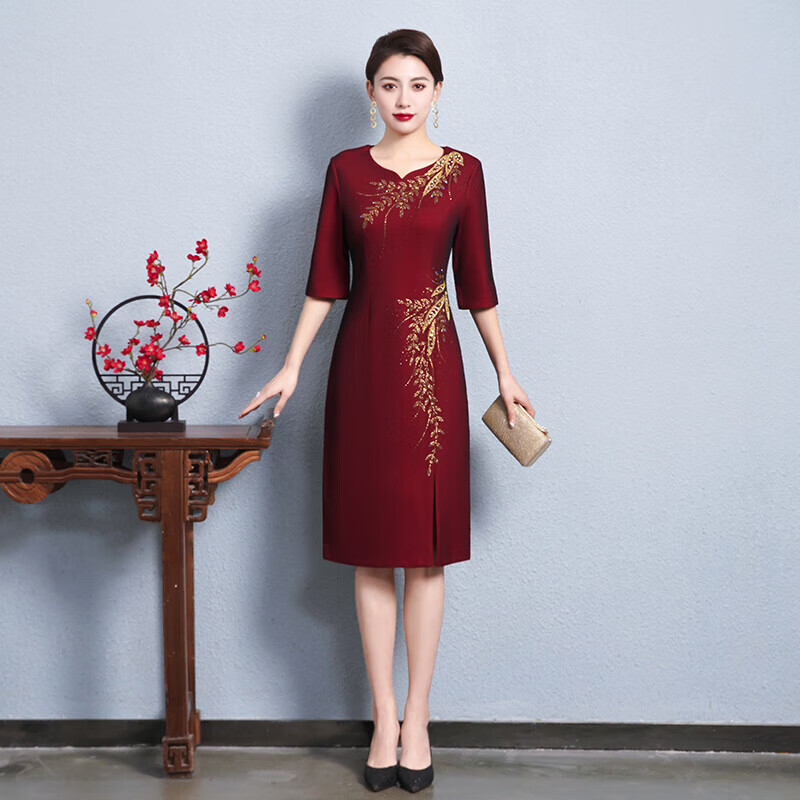 千枫绮五一喜婆婆穿的高档礼服感婆婆妈妈婚礼改良版旗袍连衣裙秋年