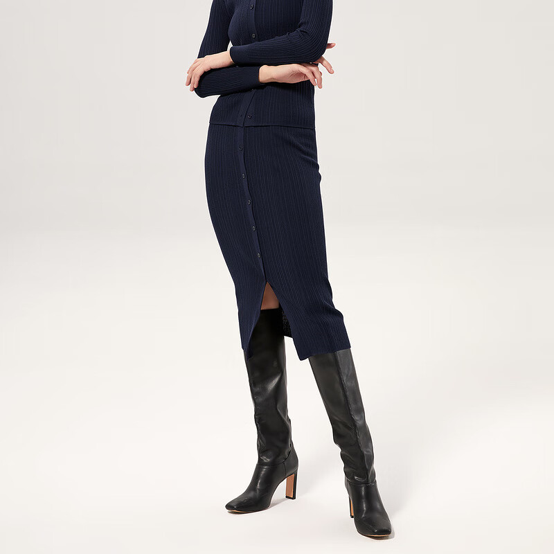 OVV【黄金羊毛】OVV秋冬松紧腰假门襟修身立体针织羊毛半裙女 藏青A4 S