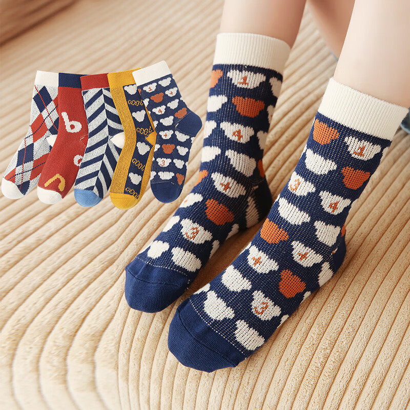 六指鼠男童女童袜子儿童中筒袜男孩大童秋冬季厚棉童袜潮时尚彩条春秋 880双针彩色 5双 均码 建议7-16周岁(鞋33-36码/袜标10-15岁）